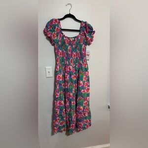Chenault Floral Casual Dress in Green and Pink